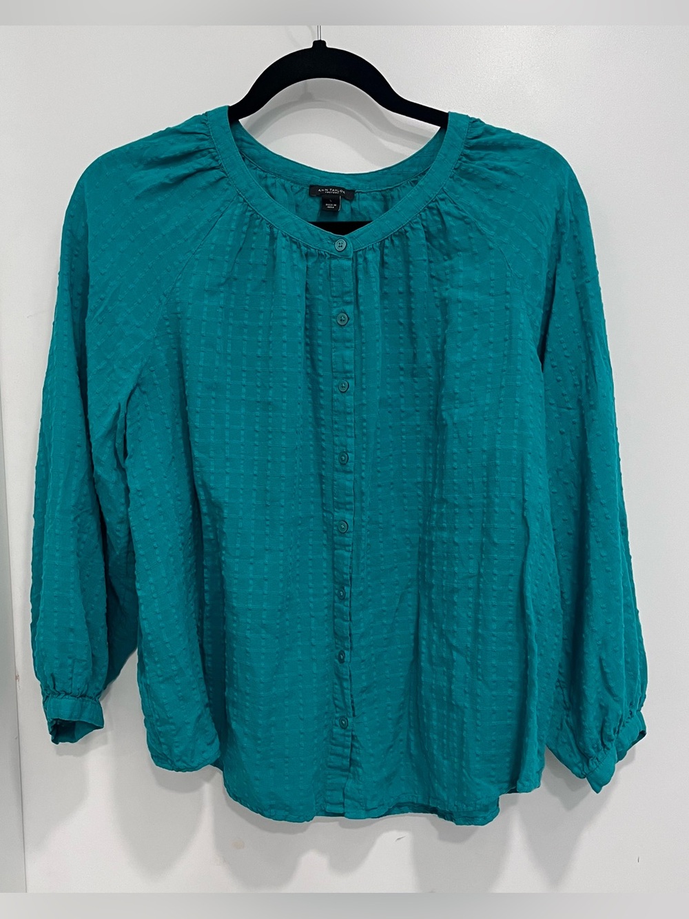 Ann Taylor Teal Blue Button-Front Women's Peasant Blouse Large